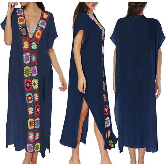 Davi & Dani Other - Davi & Dani NWT Navy Beach Cover-Up Sz M Crochet Trim Boho Resortwear